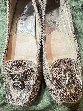 Michael Kors Taupe Snake-Print Loafers with Silver Logo Accent